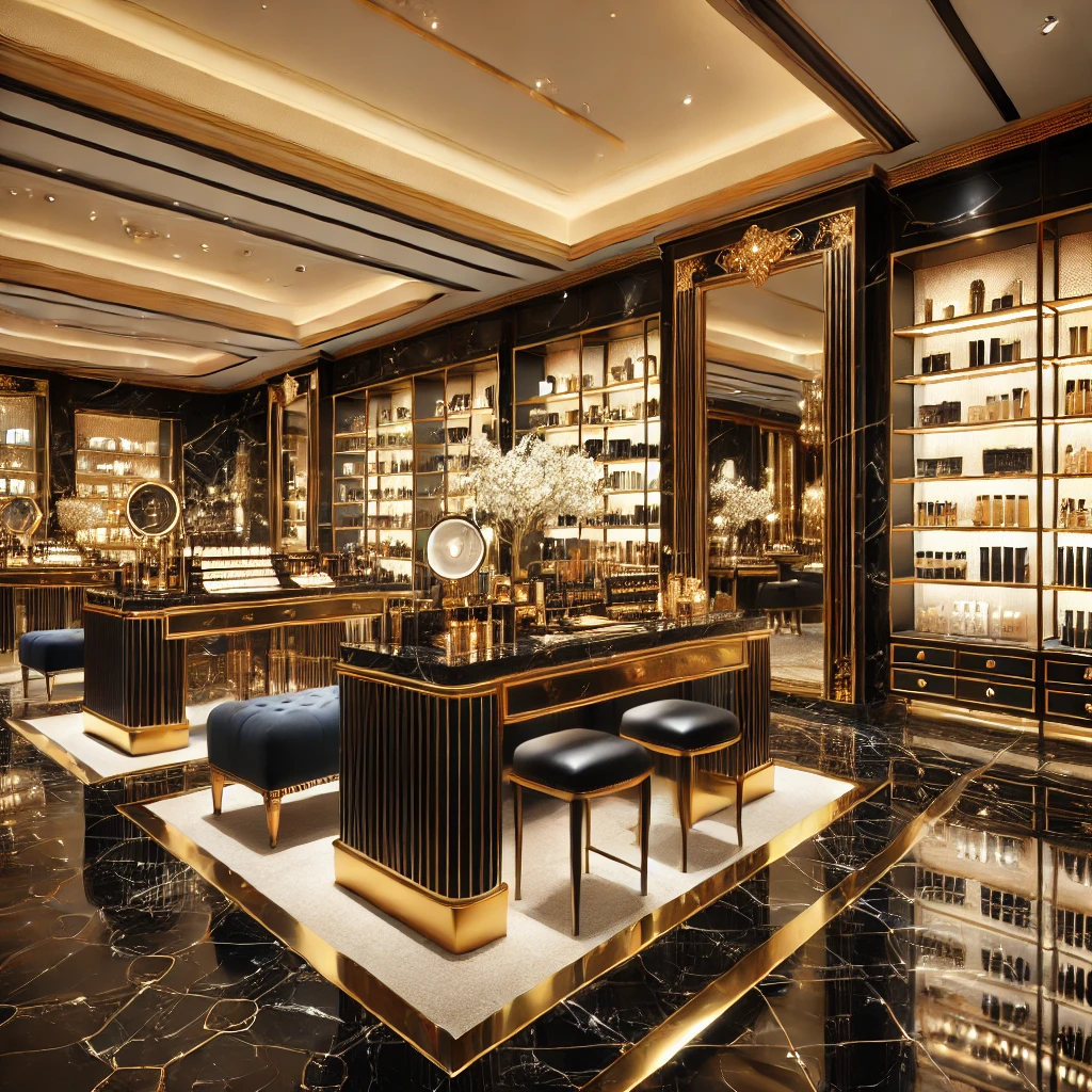บรรยากาศร้านเครื่องสำอางโทนหรูหรา สีทองดำ