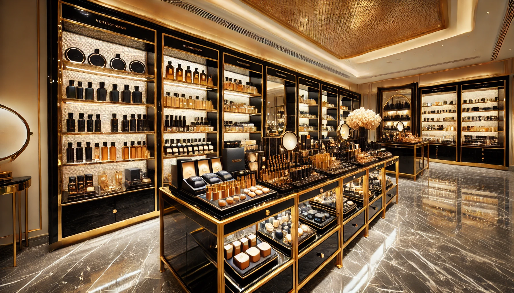 ชั้นวางสินค้าเครื่องสำอางจัดเรียงสวยงาม